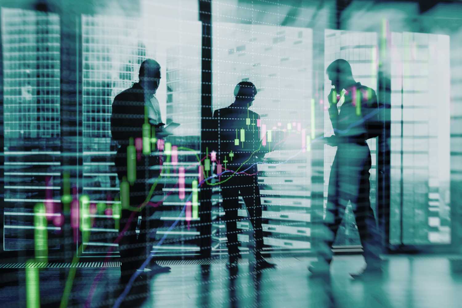 Business chart overlaid onto office workers