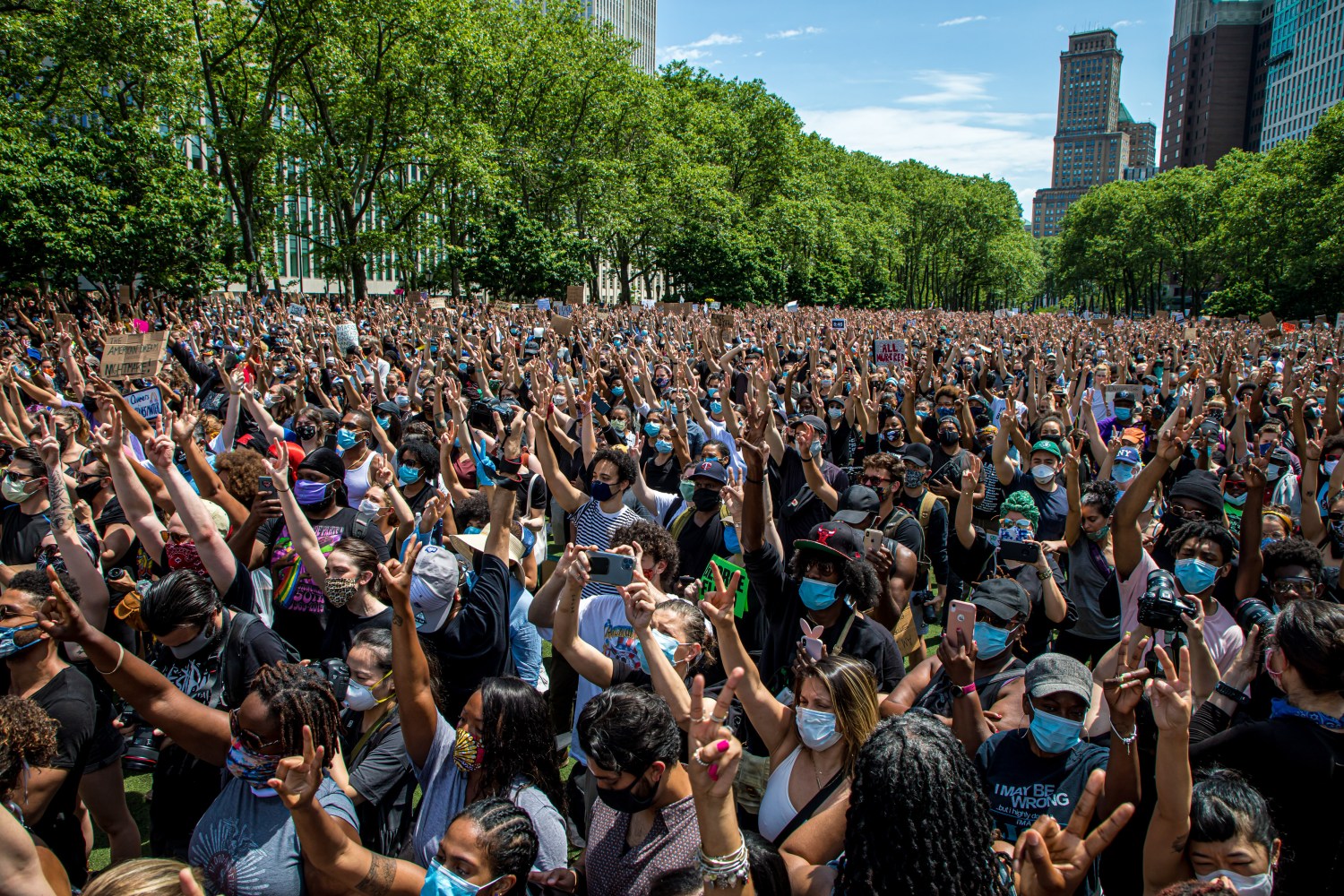 People participate in a peaceful memorial for George Floyd at Cadman Plaza Park in Brooklyn, New York, NY on June 4, 2020. Protests are taking place across the country after the death of George Floyd, while in police custody in Minneapolis, was filmed by a bystander. (Photo by Christopher Lazzaro/Alive Coverage/Sipa USA)No Use UK. No Use Germany.