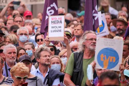 Protesters hold placards during a protest in defense of free media in Gdansk.A protest against the "lex anti-TVN" law, which will not extend TVN's license. TVN does not support the official policy of the government and is considered a guarantor of independent information in Poland. (Photo by Tomasz Zasinski / SOPA Images/Sipa USA)No Use Germany.