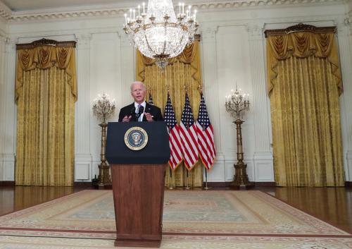 U.S. President Joe Biden delivers remarks on the crisis in Afghanistan during a speech in the East Room at the White House in Washington, U.S., August 16, 2021. REUTERS/Leah Millis