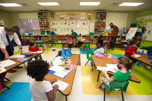 Kindergarden students work in classrooms at Ross Elementary School in Topeka Wednesday morning.