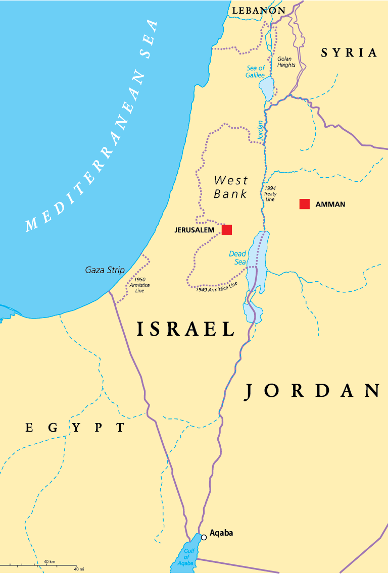 Map depicting Israel's and Jordan's capital cities and bodies of water.