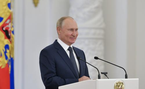 MOSCOW, RUSSIA - SEPTEMBER 11, 2021: Russias President Vladimir Putin speaks during a meeting with Tokyo 2020 medalists at the Moscow Kremlin. Alexei Druzhinin/Russian Presidential Press and Information Office/TASS.No use Russia.