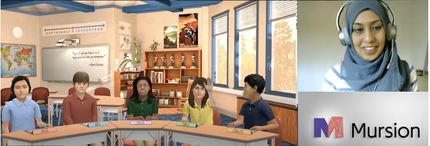 A side-by-side image displaying a virtual classroom with CGI students next to a smiling teacher.