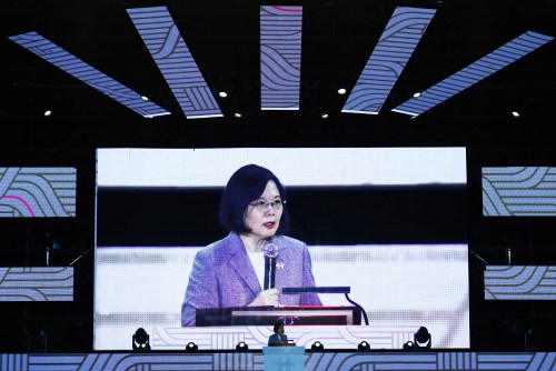Taiwan President Tsai Ing-wen speaks at a democracy-themed event for the Double-Tenth National Day, at an airforce base, following Chinese President Xi Jinping’s vow to unify Taiwan by peaceful means, in Hsinchu, Taiwan, 9 October 2021. The self ruled island has been facing intensifying military threats from China including record number of fighter jets cruising around Taiwan, whilst building better relations with the US, Australia, Japan and European countries including Lithuania, Poland and the Czech Republic. (Photo by Ceng Shou Yi/NurPhoto)