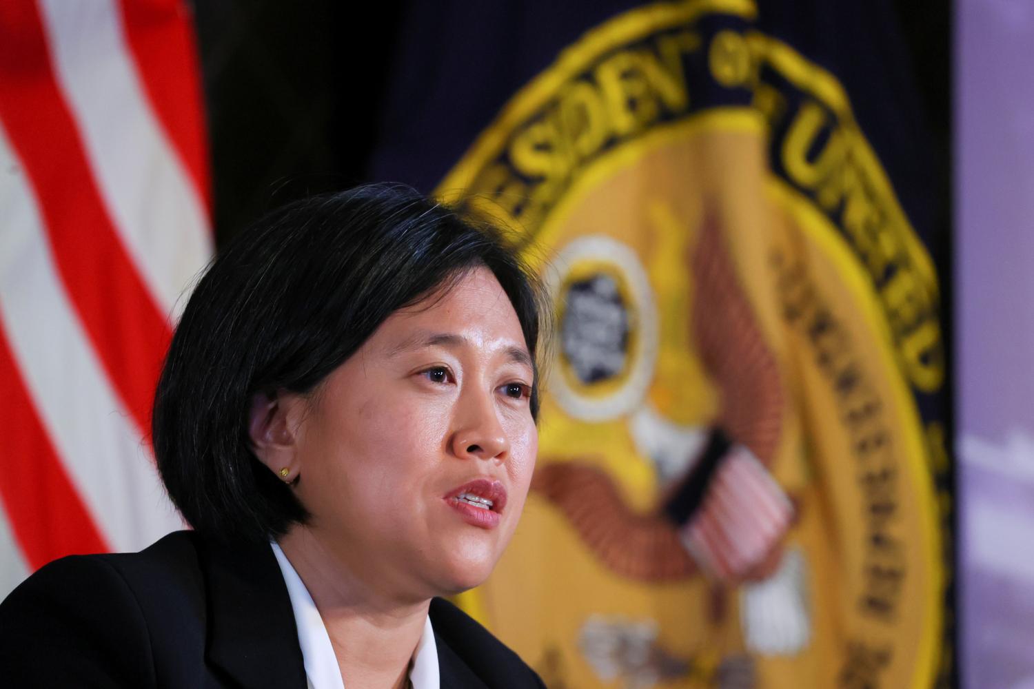 U.S. Trade Representative Katherine Tai addresses the Geneva Graduate Institute on the role of the World Trade Organization (WTO) in the global economy and U.S. policy priorities ahead of the 12th Ministerial Conference in Geneva, Switzerland October 14, 2021. REUTERS/Denis Balibouse