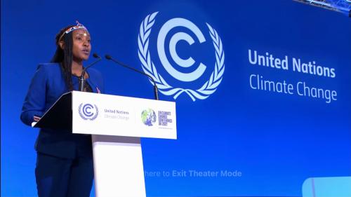 Kenya environmental advocate Elizabeth Wathuti speaks at the UN Climate Change Conference (COP26) on Monday Nov 1, 2021. Wathuti, 26, told world leaders that children and young people are waiting for them to act.