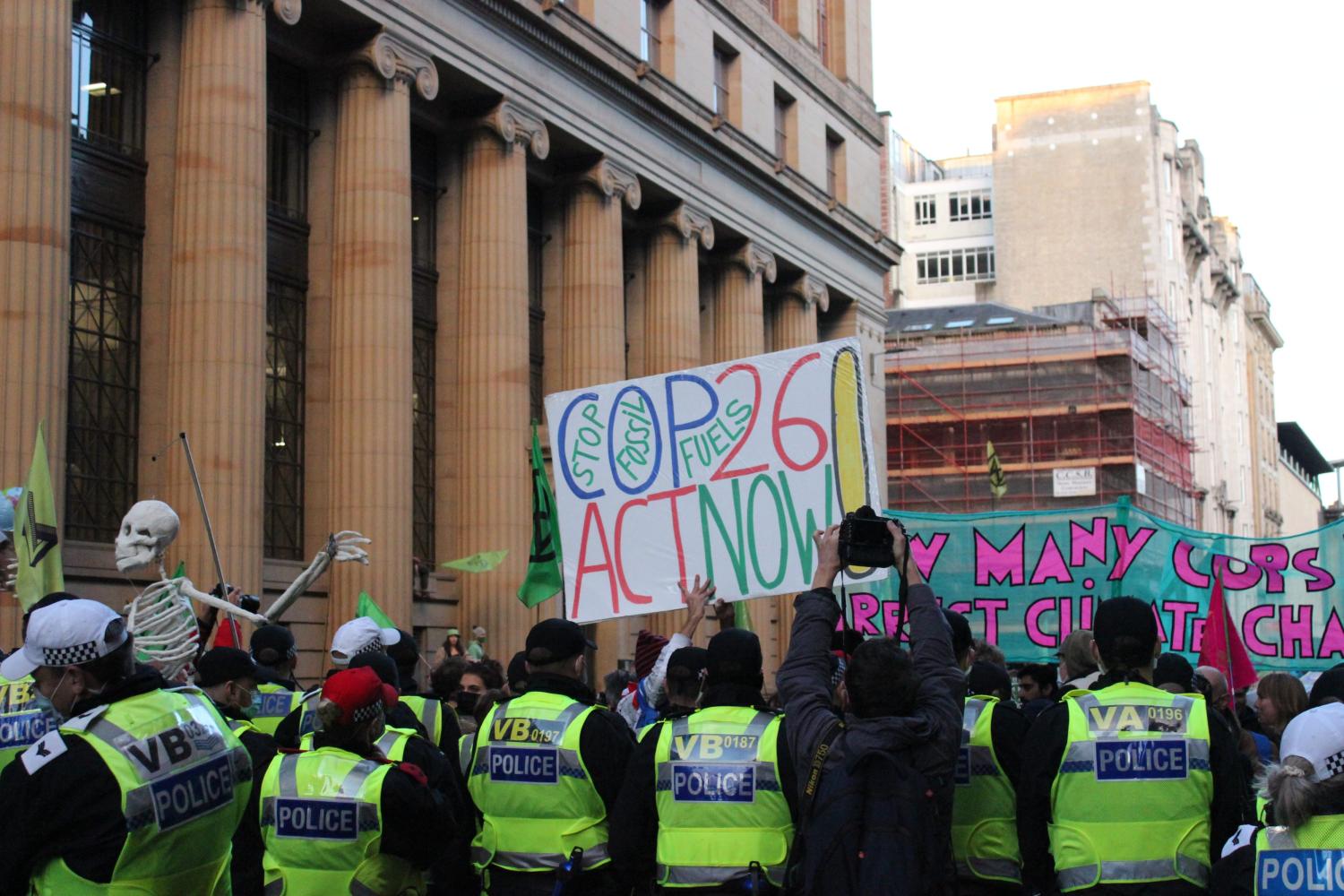 Protesters outside Lloyds Bank at COP 26 in Glasgow