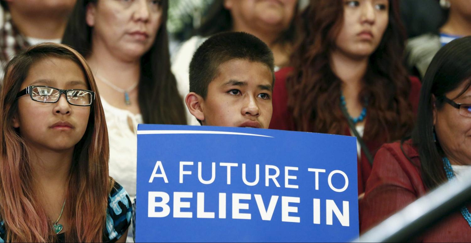 Navajo youths attend a town hall event with Democratic U.S. presidential candidate Bernie Sanders at the Navajo Nation casino in Flagstaff, Arizona March 17, 2016. REUTERS/Nancy Wiechec