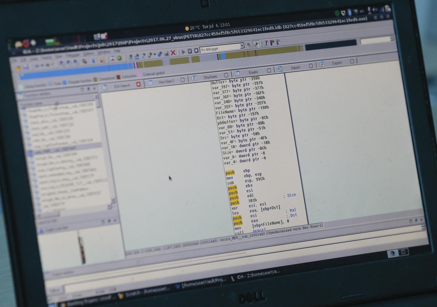 A view shows a laptop display showing part of a code, which is the component of Petya malware computer virus according to representatives of Ukrainian cyber security firm ISSP, at the firm's office in Kiev, Ukraine July 4, 2017.  REUTERS/Valentyn Ogirenko