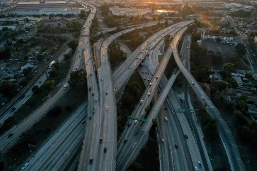 An aerial view shows traffic on the East Los Angeles Interchange complex, the busiest freeway interchange in the world, in Los Angeles, California, U.S. August 10, 2021. Interstate 5 (I-5), Interstate 10 (I-10), U.S. Route 101 (US 101), and State Route 60 (SR 60) all converge at the East Los Angeles Interchange. Picture taken with a drone. REUTERS/Bing Guan
