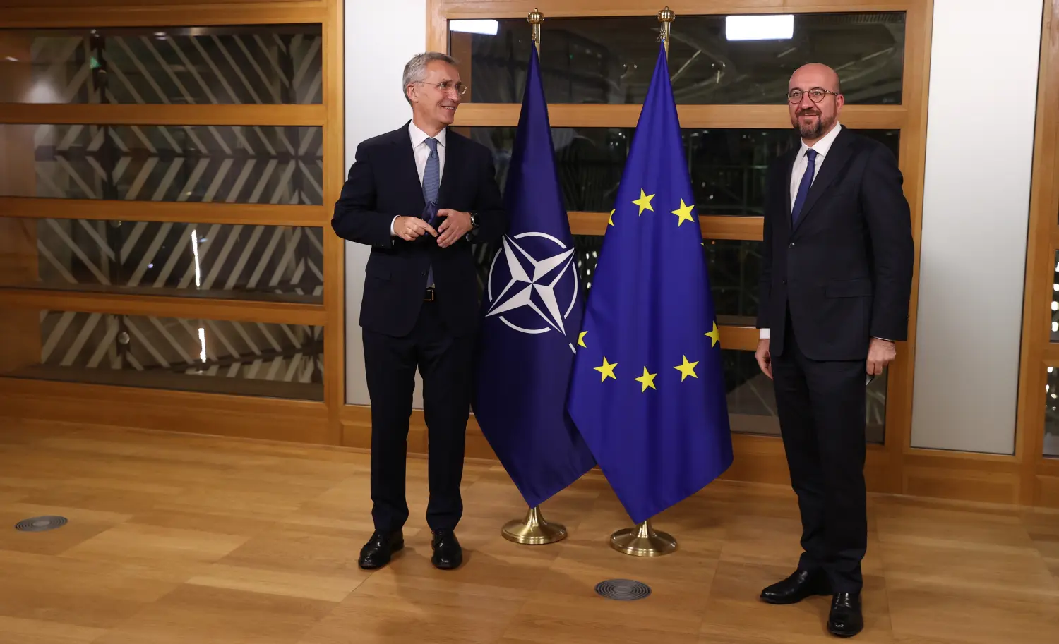 Belgium, Brussels, 2021/11/15. European Council President Charles Michel (right) welcomes NATO Secretary General Jens Stoltenberg before their bilateral meeting at the EU headquarters. Photograph by Dursun Aydemir / Pool / Hans Lucas.Belgique, Bruxelles, 2021/11/15. Le President du Conseil Europeen Charles Michel (droite) donne le bienvenu au Secretaire General de l OTAN Jens Stoltenberg avant leur reunion bilaterale au Conseil Europeen. Photographie de Dursun Aydemir / Pool / Hans Lucas.