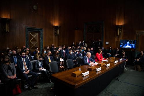 Senator Chuck Schumer (D-N.Y), the Senate Majority Leader, introduces judicial nominees during a Senate Judiciary Committee confirmation hearing for federal judges, at the U.S. Capitol, in Washington, D.C., on Wednesday, December 15, 2021. The Senate today votes on the National Defense Authorization Act (NDAA) and continues negotiations over President Biden's Build Back Better agenda, as the House waits on standby in case of a breakthrough on the Democrats signature climate and domestic spending plan. (Graeme Sloan/Sipa USA)No Use Germany.