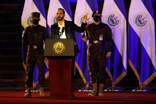 El Salvador's President Nayib Bukele speaks during a deployment ceremony of Salvadoran army soldiers for the Territorial Control plan in San Salvador, El SalvadorJuly 19, 2021. REUTERS/Jose Cabezas