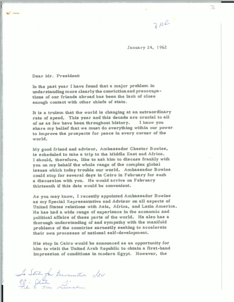  A letter from President John F. Kennedy to Egyptian President Gamal Abdel Nasser, dated January 24, 1962. Source: John F. Kennedy Presidential Library and Museum 