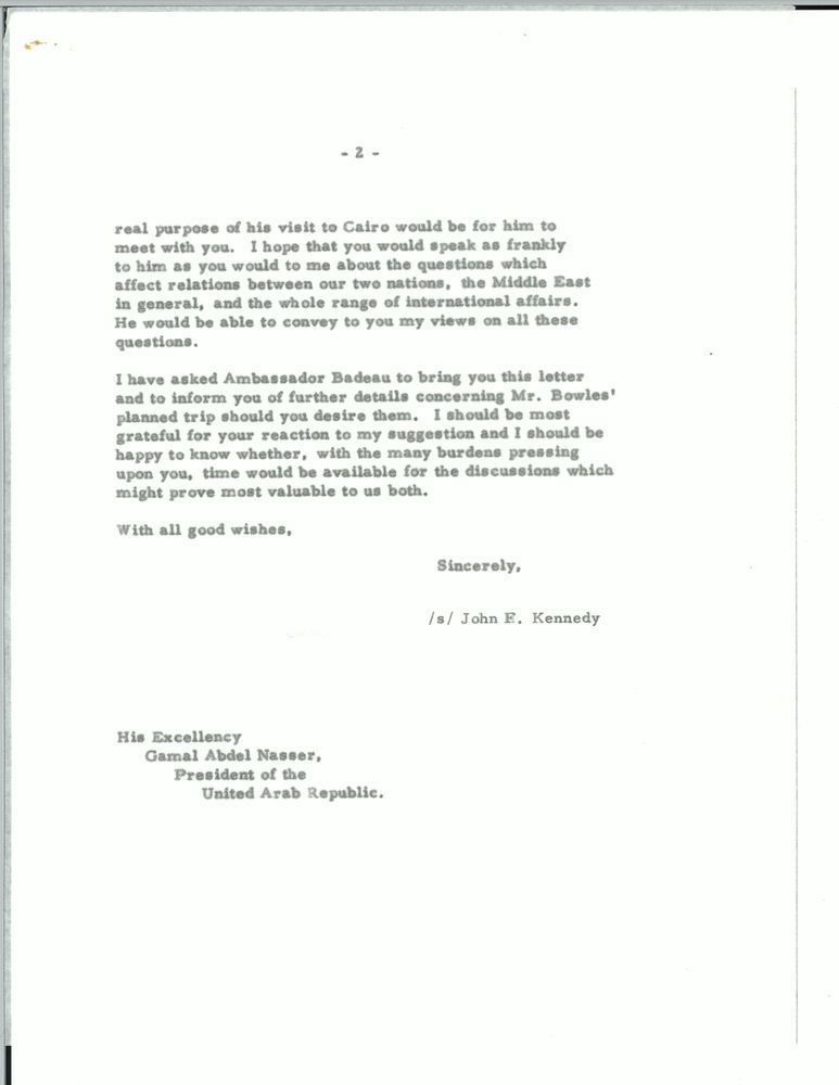  A letter from President John F. Kennedy to Egyptian President Gamal Abdel Nasser, dated January 24, 1962. Source: John F. Kennedy Presidential Library and Museum 