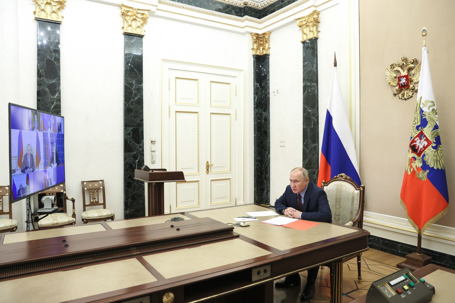 MOSCOW, RUSSIA - DECEMBER 3, 2021: Russia's President Vladimir Putin is seen in his office in the Kremlin as he chairs a videoconference meeting of permanent members of the Russian Security Council. Mikhail Metzel/POOL/TASS.