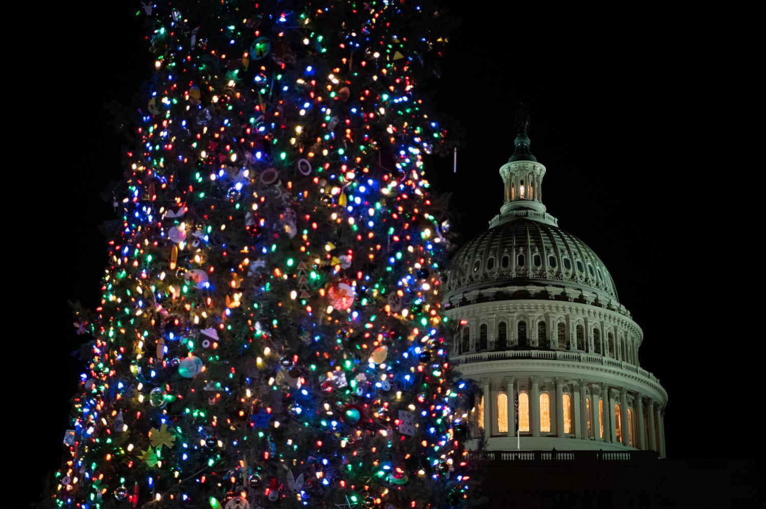 A general view of the U.S. Capitol after the Capitol Christmas Tree Lighting Ceremony in Washington, D.C., on Wednesday, December 1, 2021. With a government shutdown approaching on Friday, Congress is working to put together a short-term spending compromise while Democrats continue to negotiate President Biden's Build Back Better agenda in a hectic December on the Hill. (Graeme Sloan/Sipa USA)No Use Germany.