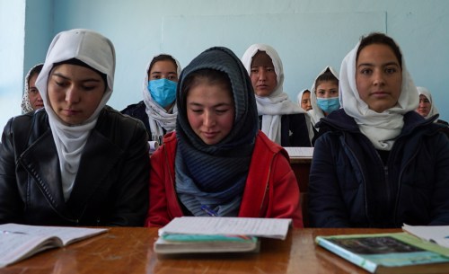 BAMYAN, AFGHANISTAN - NOVEMBER 8, 2021: Tenth-grade pupils attend a lesson at a secondary school for girls. Upon the withdrawal of US troops from Afghanistan, the Taliban movement (banned in Russia) declared the establishment of its control over the whole country on September 6, a new government formed a day later. Among other reforms, the Taliban have also introduced a number of restrictions concerning education and employment for girls and women. Alexandra Kovalskaya/TASS.No use Russia.