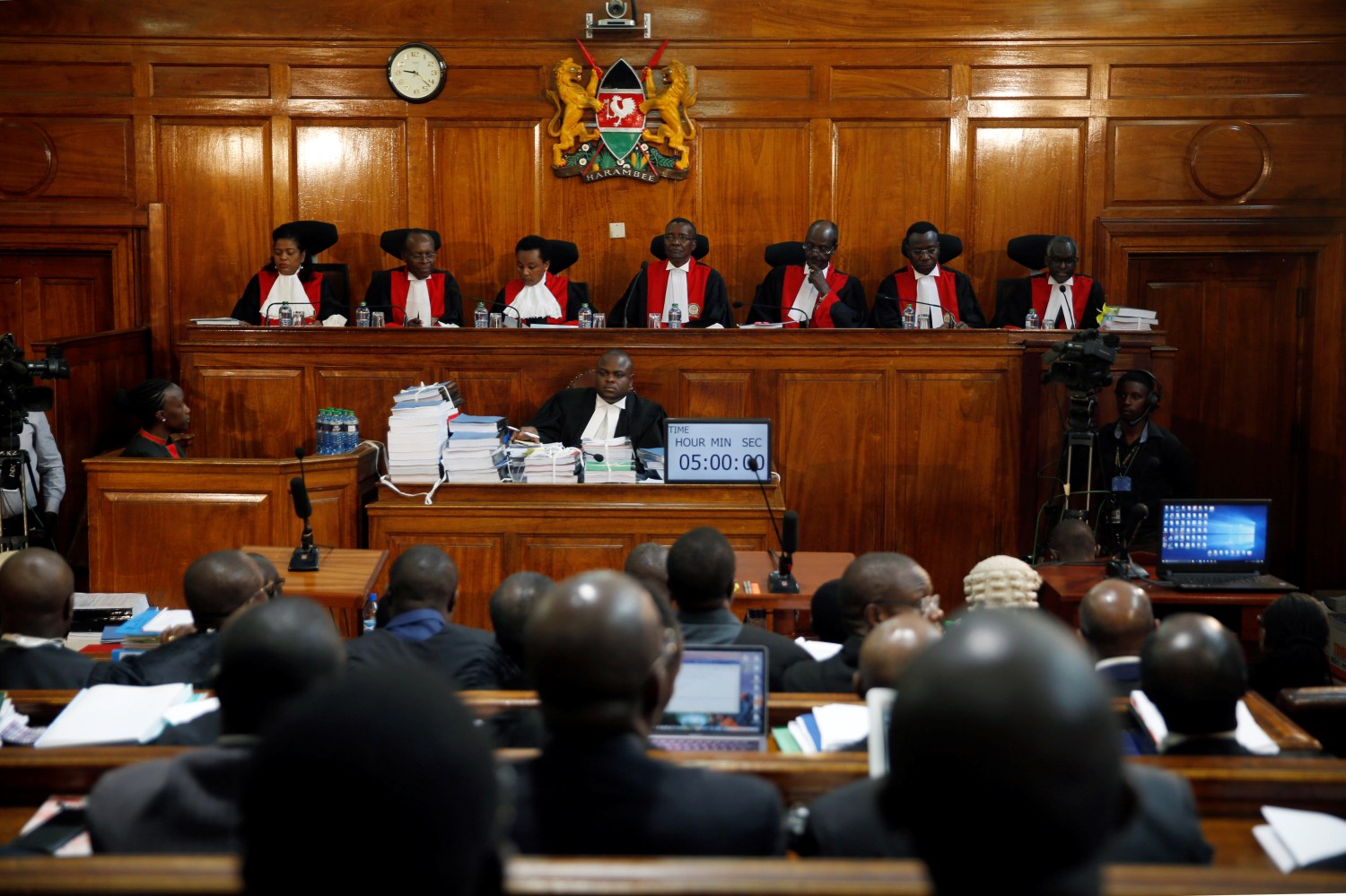 Kenyan Supreme Court judges attend a hearing of a petition challenging the election result  filed by the National Super Alliance (NASA) coalition and Human Rights groups at the Supreme Court in Nairobi, Kenya August 28, 2017. REUTERS/Baz Ratner