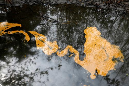 An oil slick is seen on Santa Barbara creek, following an oil spill in Nembe, Bayelsa, Nigeria, November 25, 2021. Picture taken November 25, 2021. REUTERS/Temilade Adelaja