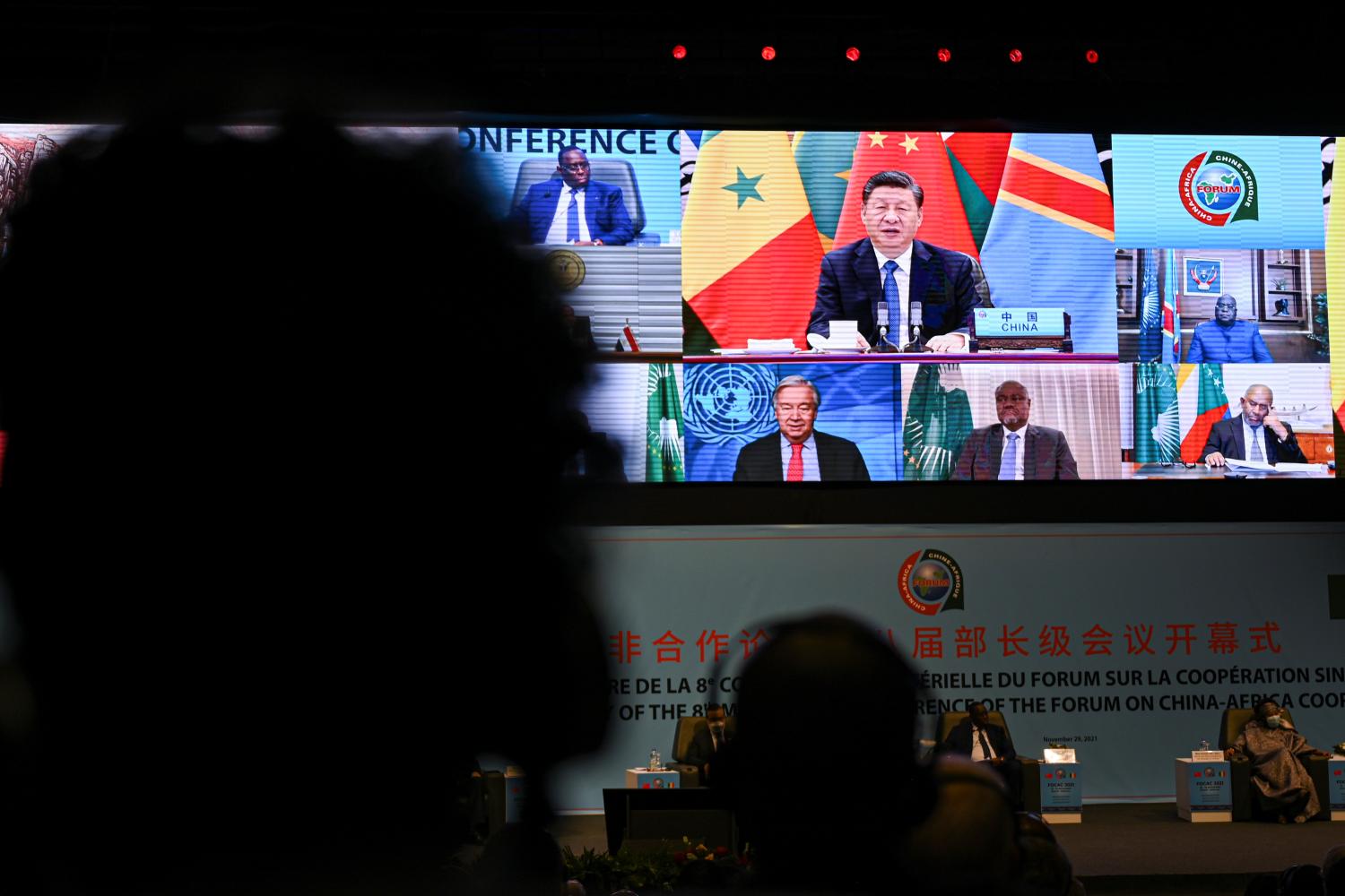 China's President Xi Jinping  gives a speech via video link at the opening of the Forum on China-Africa Cooperation, (FOCAC) in Dakar, Senegal November 29, 2021. REUTERS/Cooper Inveen