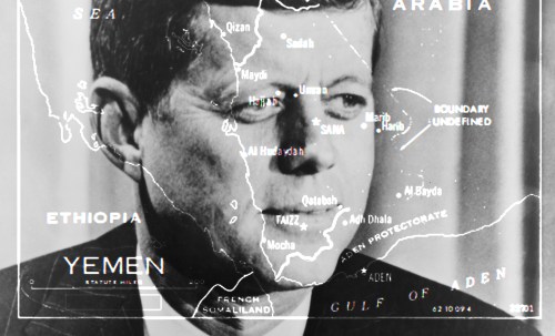 A map of Yemen overlayed on a portrait of President John F. Kennedy.
