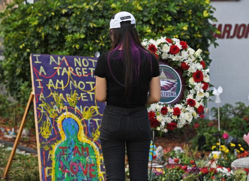 A general view of a make shift memorial setup at Marjory Stoneman Douglas High School in honour of those killed during a mass shooting to mark the three year anniversary. Three years ago on February 14th at Marjory Stoneman Douglas High School 14 students and three staff members were killed during the mass shooting.Where: Parkland, Florida, United StatesWhen: 14 Feb 2021Credit: InStar/Cover Images