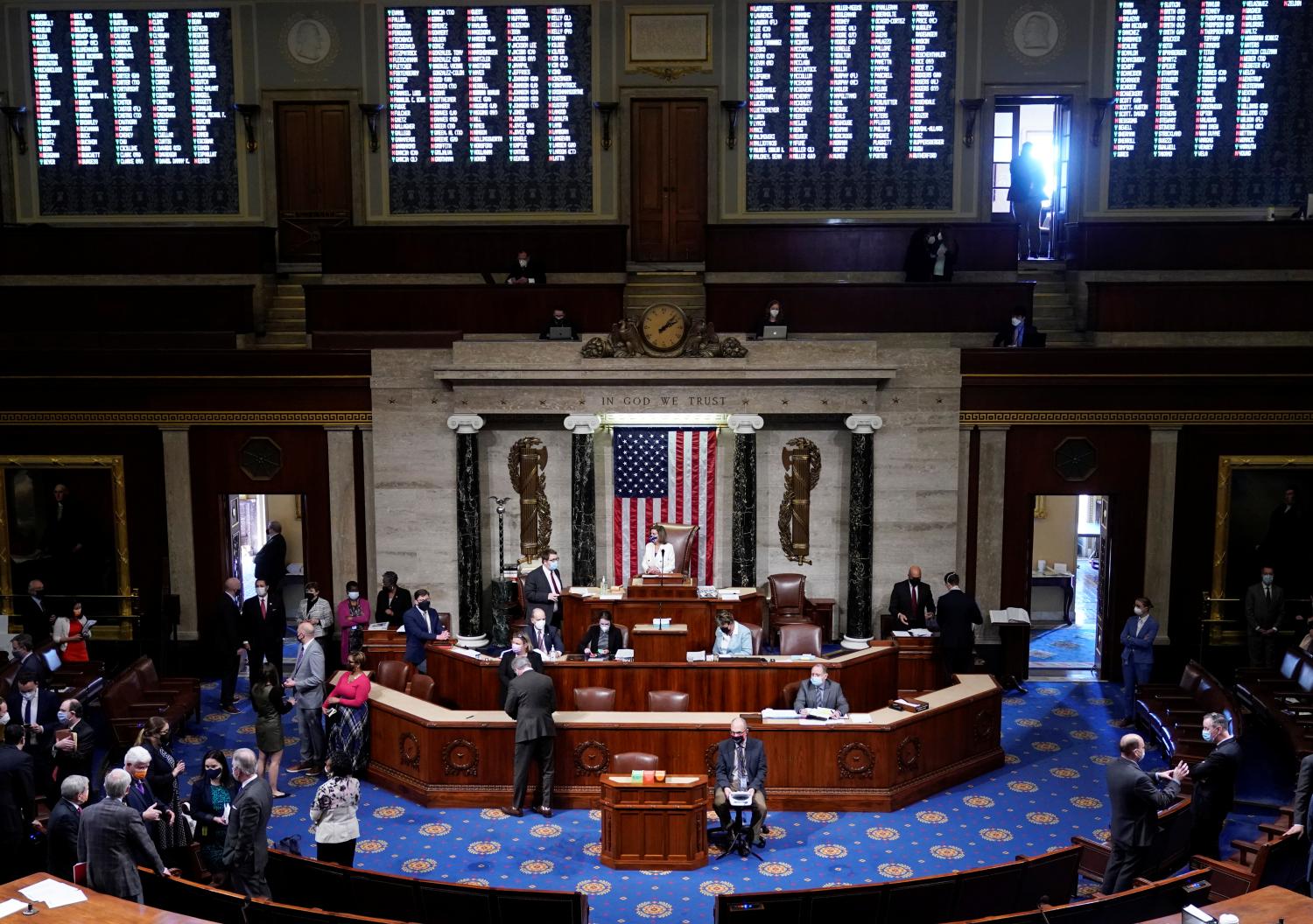 U.S. Speaker of the House Nancy Pelosi (D-CA) presides ahead of the final passage in the House of Representatives of U.S. President Joe Biden's $1.9 trillion coronavirus disease (COVID-19) relief bill inside the House Chamber of the Capitol in Washington, U.S., March 10, 2021. REUTERS/Joshua Roberts