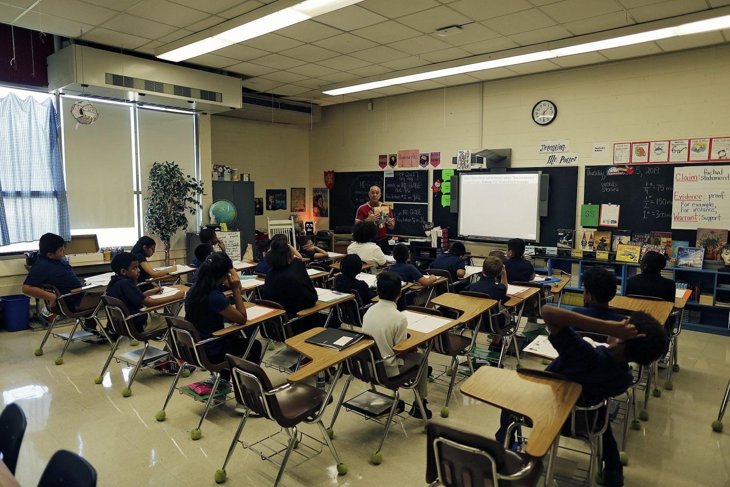 An air conditioning unit, top left, was added to this sixth-grade class room upgrade at Sherwood Middle School in Columbus on September 5, 2019, as part of Operation: Fix It, the five-year, 125-million plan funded by a 2016 bond issue to repair Columbus City Schools facilities. [Kyle Robertson/Dispatch]