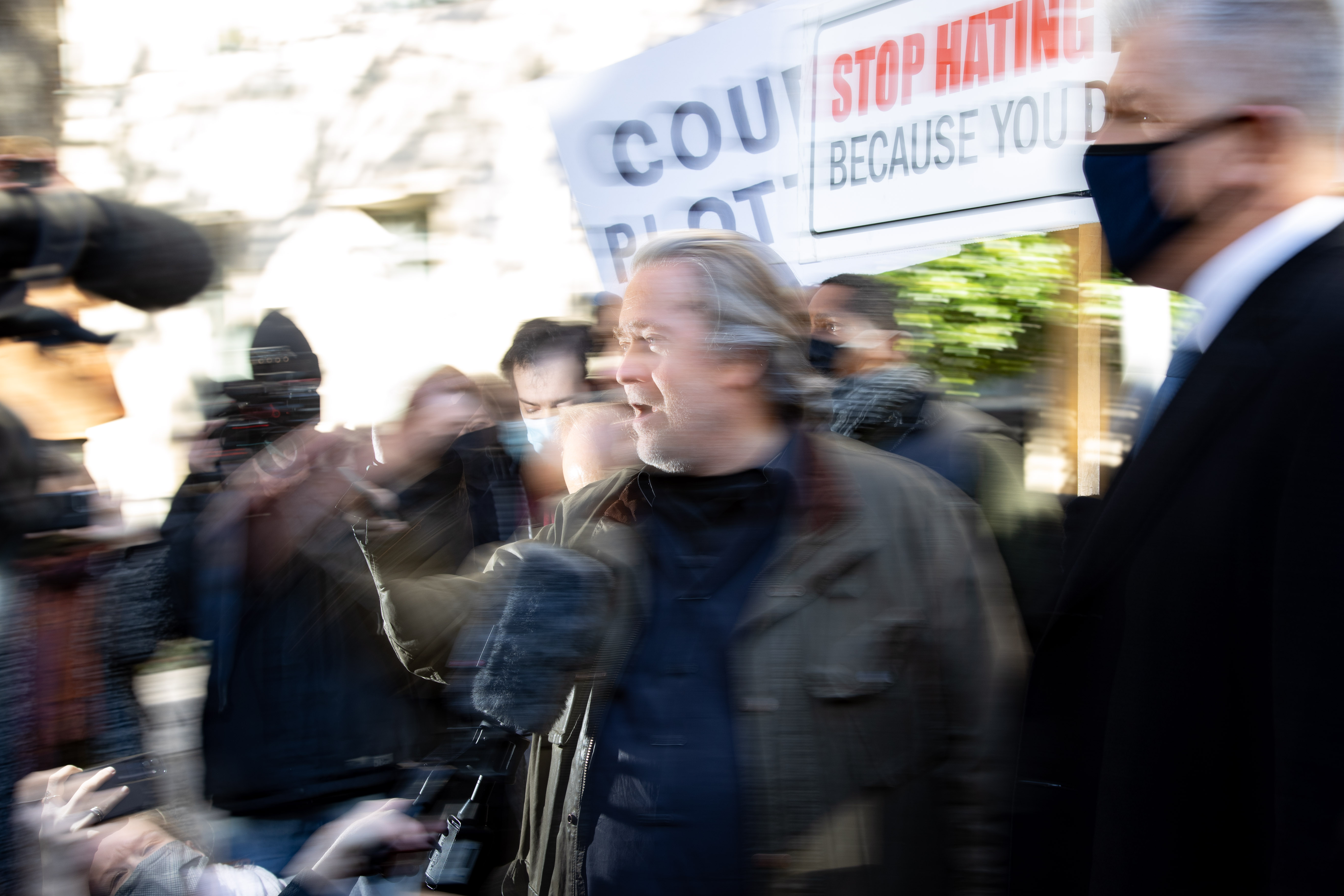 Former Trump strategist Steve Bannon speaks with press while leaving the E. Barrett Prettyman United States Federal Courthouse in Washington, D.C. on November 15, 2021 after turning himself in earlier in the day at a FBI Field Office on two charges of contempt for his failure to comply with the House committee investigation the January 6 U.S. Capitol riots (Photo by Bryan Olin Dozier/NurPhoto)NO USE FRANCE