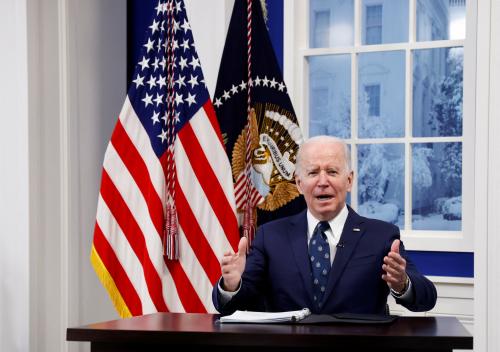 U.S. President Joe Biden speaks during a video conference