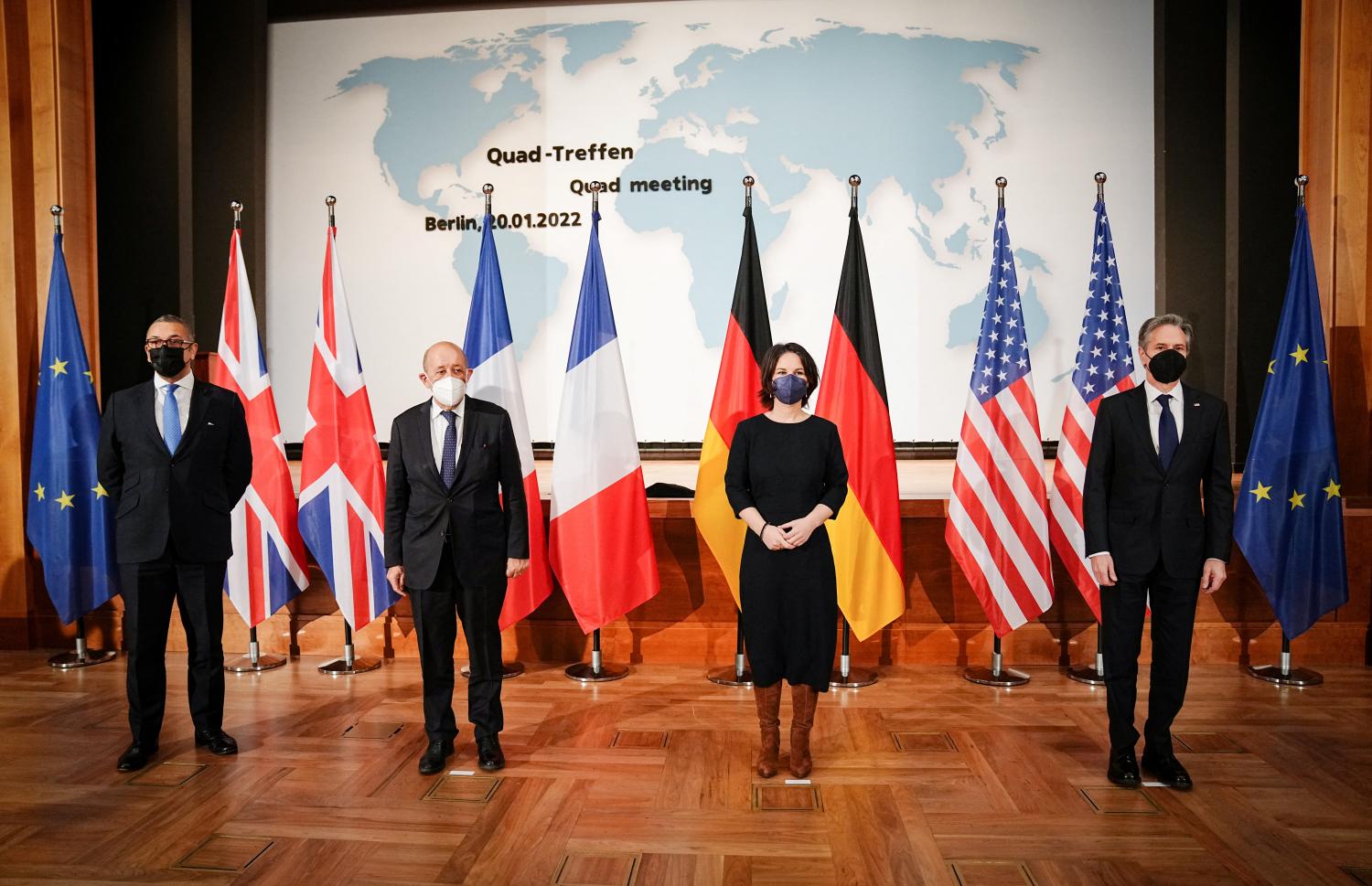 British Minister of State for Middle East, North Africa and North America James Cleverly, French Foreign Minister Jean-Yves Le Drian, German Foreign Minister Annalena Baerbock, and U.S. Secretary of State Antony Blinken pose for a photo at the Ministry of Foreign Affairs in Berlin, Germany January 20, 2022. Kay Nietfeld/Pool via REUTERS