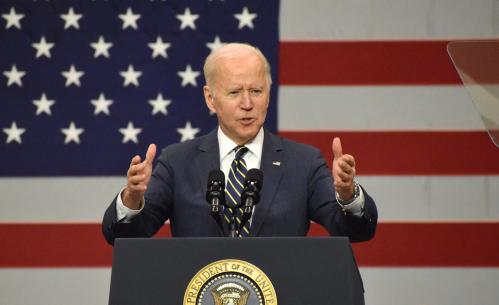 President Joe Biden speaks about the importance of infrastructure funding in Pittsburgh on Jan. 28, 2022, shortly after touring the site of a bridge collapse in Frick Park earlier in the day.Biden 2