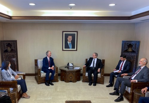 United Nations Special Envoy for Syria Geir Pedersen, meets with Syria's Foreign Minister Faisal Mekdad in Damascus, Syria September 11, 2021. REUTERS/Firas Makdesi