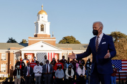 FILE PHOTO: U.S. President Joe Biden arrives to deliver remarks on voting rights during a speech on the grounds of Morehouse College and Clark Atlanta University in Atlanta, Georgia, U.S., January 11, 2022. REUTERS/Jonathan Ernst/File Photo