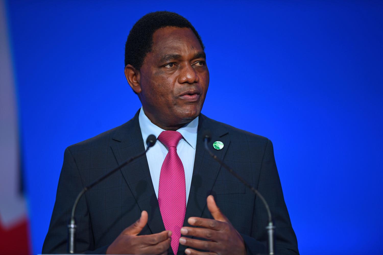 Zambia's President Hakainde Hichilema presents his national statement as a part of the World Leaders' Summit at the UN Climate Change Conference (COP26) in Glasgow, Scotland, Britain November 1, 2021. Andy Buchanan/Pool via REUTERS