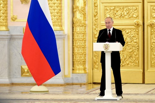MOSCOW, RUSSIA - DECEMBER 1, 2021: Russia's President Vladimir Putin addresses 20 foreign ambassadors during a ceremony held in St Alexander Hall of the Grand Kremlin Palace to receive their credentials. Grigory Sysoyev/POOL/TASS.No use Russia.