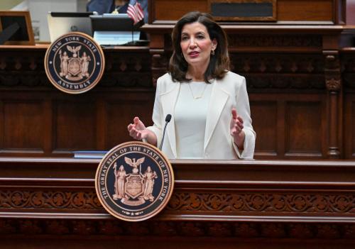 New York Gov. Kathy Hochul delivers her first State of the State address in the Assembly Chamber at the state Capitol, Wednesday, Jan. 5, 2022, in Albany, N.Y. Hans Pennink/Pool via REUTERS