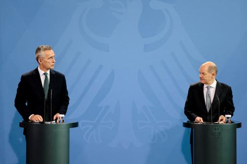 German Chancellor Olaf Scholz and NATO Secretary General Jens Stoltenberg attend a news conference after their talks at the Chancellery in Berlin, Germany, January 18, 2022. REUTERS/Hannibal Hanschke/Pool