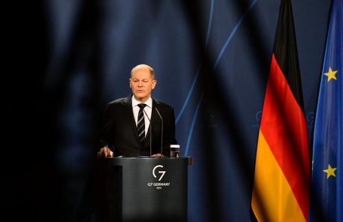 German Chancellor Olaf Scholz speaks during a joint press conference aith the French President (unseen) ahead of talks at the Chancellery in Berlin, Germany on January 25, 2022. - The meeting will focus on the French EU Council Presidency and the German G7 Presidency, current international issues and bilateral relations. Photo by Tobias Schwarz/Pool/ABACAPRESS.COM