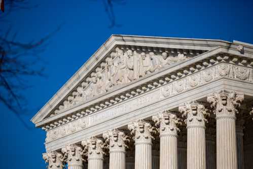 The Supreme Court is seen on January 26, 2022 as news breaks that Supreme Court Justice Stephen Breyer will announce his retirement (Photo by Bryan Olin Dozier/NurPhoto)NO USE FRANCE