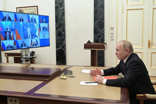 MOSCOW, RUSSIA  FEBRUARY 2, 2022: Russia's President Vladimir Putin chairs a Russian Security Council meeting via a video linkup from the Moscow Kremlin. Alexei Nikolsky/Russian Presidential Press and Information Office/TASS.No use Russia.