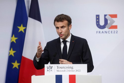 French President Emmanuel Macron gestures at the Informal Meeting of Ministers for Home Affairs in Tourcoing, France, February 2, 2022. Yoan Valat/Pool via REUTERS