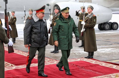 Russian Defense Minister Sergei Shoigu (R) arrives in Minsk, Belarus, on Feb 3, 2022 where he will inspect the progress of the joint military exercises. Russia is massing nuclear-capable missiles along with 30,000 troops in Belarus, Jens Stoltenberg, NATO general secretary warns, amid fears of a huge refugee crisis if Ukraine is invaded.