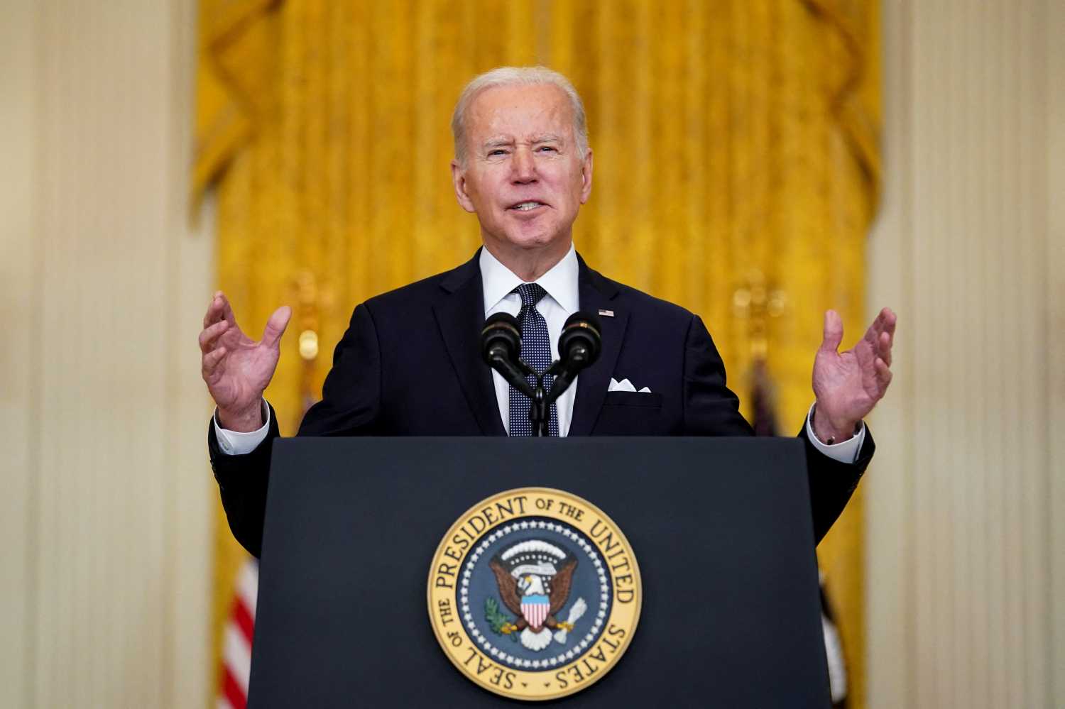 U.S. President Joe Biden speaks about the situation in Russia and Ukraine from the White House in Washington, U.S., February 15, 2022. REUTERS/Kevin Lamarque