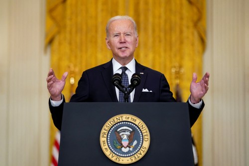 U.S. President Joe Biden speaks about the situation in Russia and Ukraine from the White House in Washington, U.S., February 15, 2022. REUTERS/Kevin Lamarque