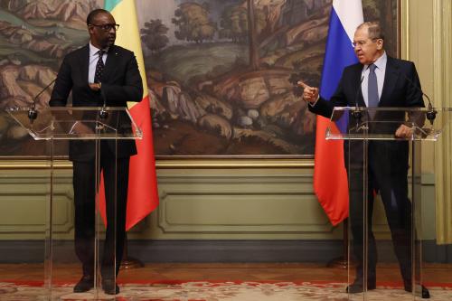 MOSCOW, RUSSIA NOVEMBER 11, 2021: Mali's Foreign Minister Abdoulaye Diop (L) and his Russian counterpart Sergei Lavrov give a joint news conference following their talks at the reception house of the Russian Ministry of Foreign Affairs in Spiridonovka Street. Sergei Savostyanov/TASS