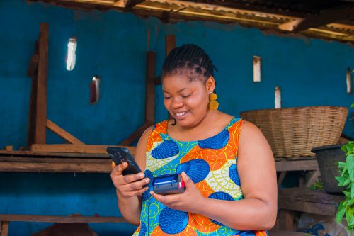 Market woman using cell phone and POS machine.