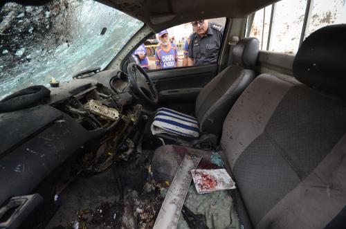 One policeman was martyred and another injured after a hand grenade was thrown at a police van in Peshawar. Officials said, that the police van was stationed at the Karkhono Market when the hand grenade was thrown on it by unidentified suspects. They added that the suspects fled the scene after throwing the grenade. (Photo by Hussain Ali/Pacific Press/Sipa USA)